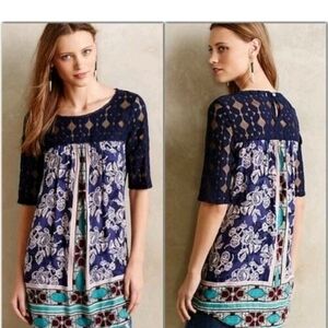 Anthropologie Navy and Teal Floral Lace Blouse